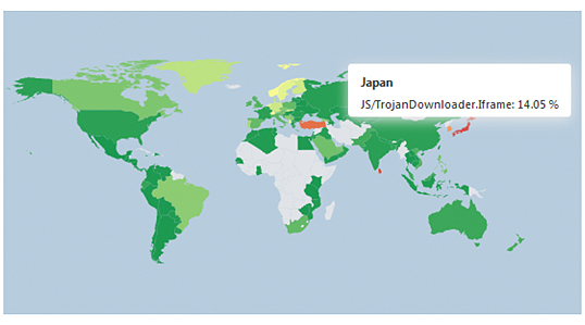 「Iframe」の感染上位5カ国は、日本(14%)、スリランカ(13%)、トルコ(11%)、韓国(11%)、ノルウェー(7%)となっている(2015年10月18日)