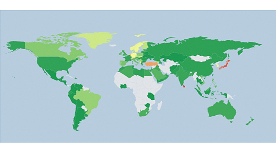 「Iframe」の国別出現率の違い(2015年9月) 赤は出現率が高く、緑は出現率が低い