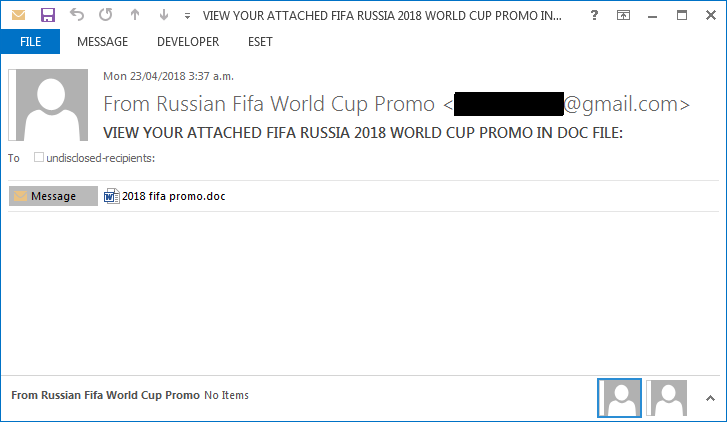 ワールドカップに関連した当選詐欺メール