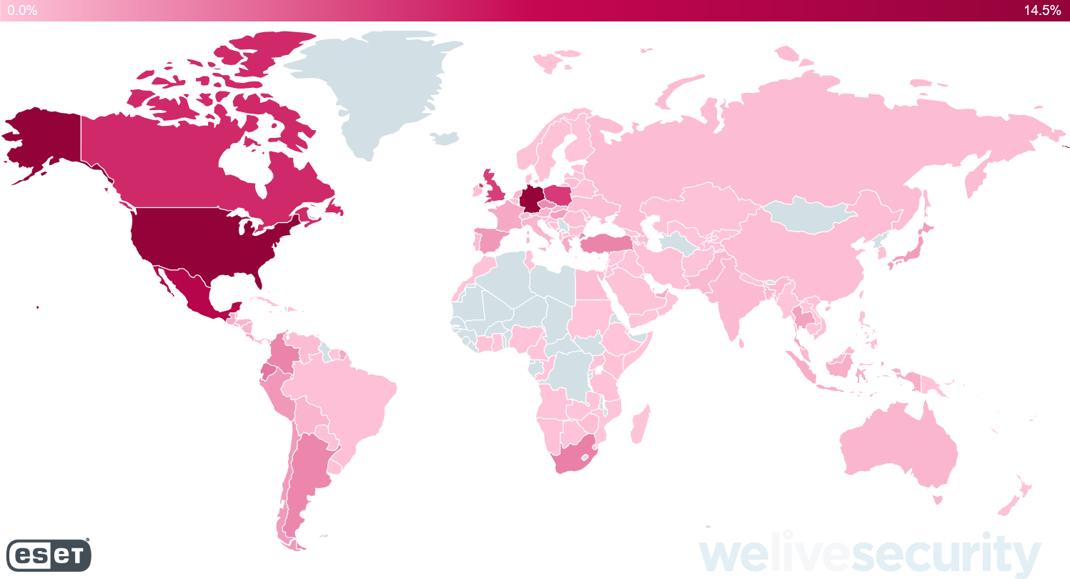 Emotetダウンローダー検出割合の国別分布（welivesecurityより）
