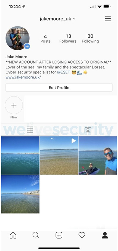 Instagramの複製アカウント「@jakemoore_uk」のスクリーンショット