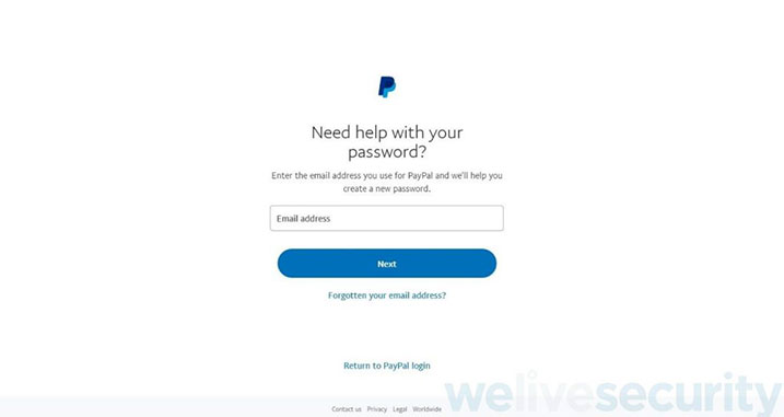 PayPalの「パスワードを忘れた方はこちら」の画面