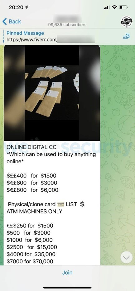 Telegramの偽造カード取引サイト