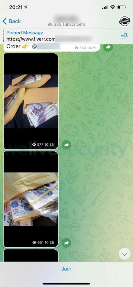 Telegramの偽造紙幣取引サイト