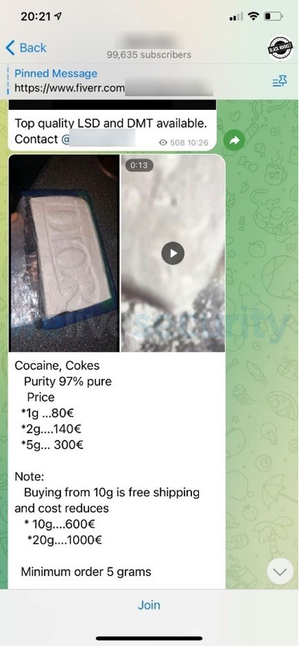 Telegramのコカイン取引サイト