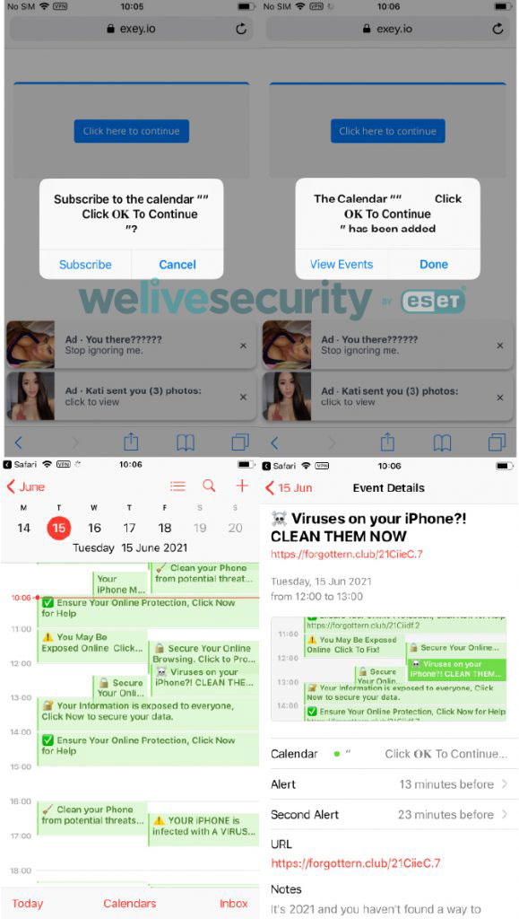 図１：iOS上でユーザーにカレンダーイベントの登録を促す詐欺サイト