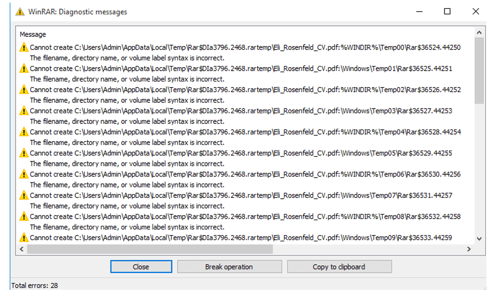 図2. Eli_Rosenfeld_CV2 - Copy (10).rarを解凍するときに表示されるWinRARのエラー