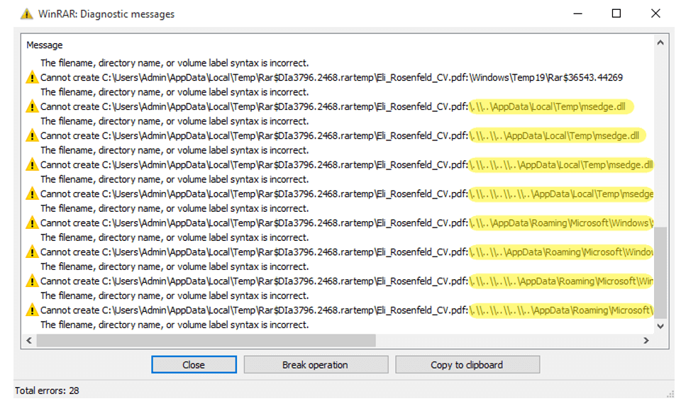 図3. Eli_Rosenfeld_CV2 - Copy (10).rarを解凍するときに表示されるWinRARのエラー(スクロールして強調表示)