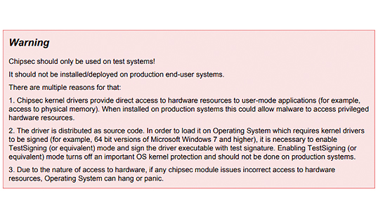 図3: 推薦されているツール群のうちの１つ(チップセック（Chipsec)）が出す警告メッセージ（https://github.com/chipsec/chipsec/blob/master/chipsec-manual.pdf）。テスト用システムのみで使用すべきと書かれている。