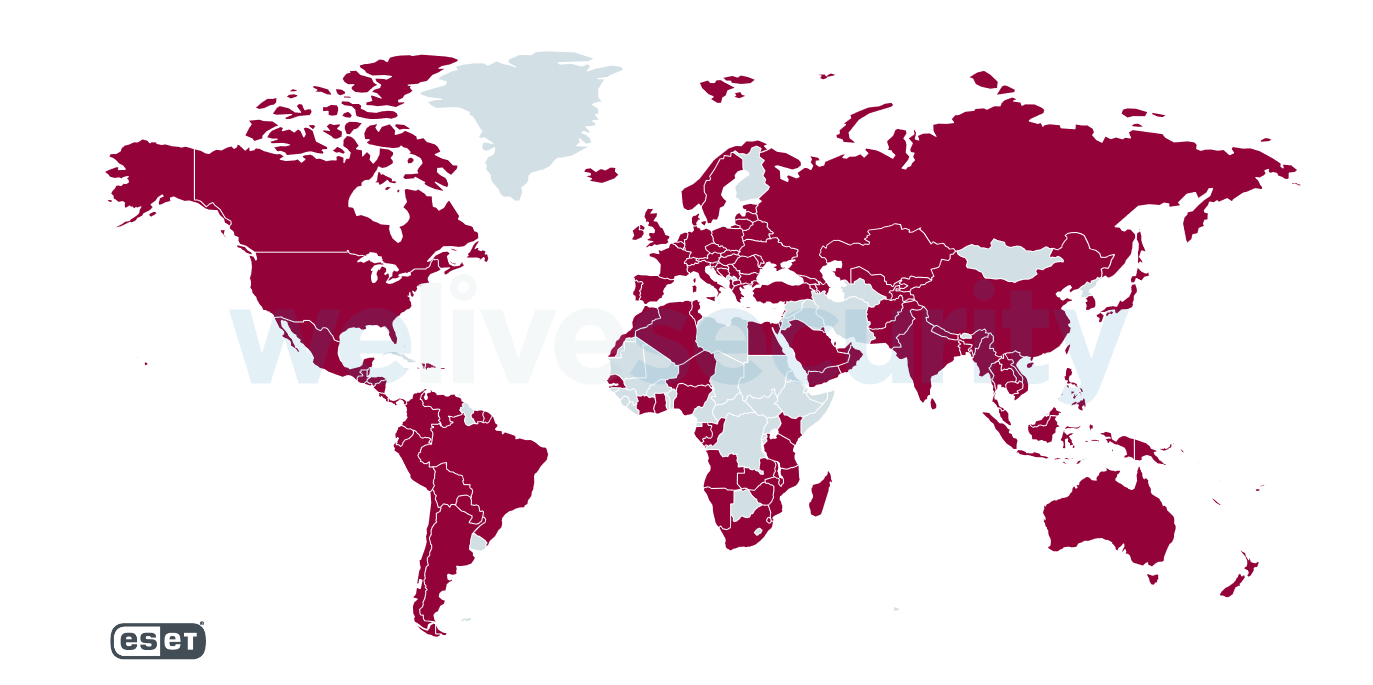 図1：2019年10月から2020年10月までの世界各国におけるTrickbotの検出